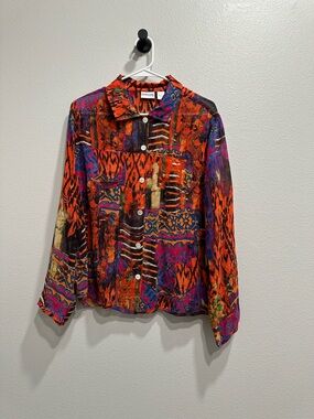 Chicos size 2 colorful Abstract Button-Up Shirt,silk,artsy,boho,hippie,large